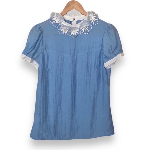 Ochirly Romantic Blue Flora High Neck Blouse M - Picture 4 of 6